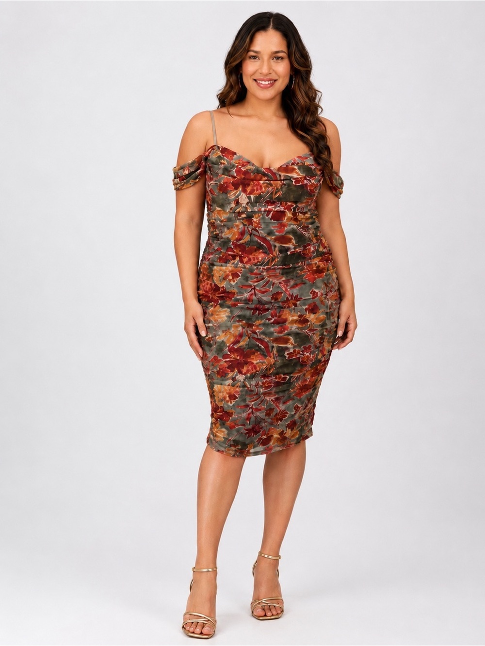 Katia Rae Floral Mesh Ruched Bodycon Midi Dress Cold Shoulder Cowl Olive 18 NWT